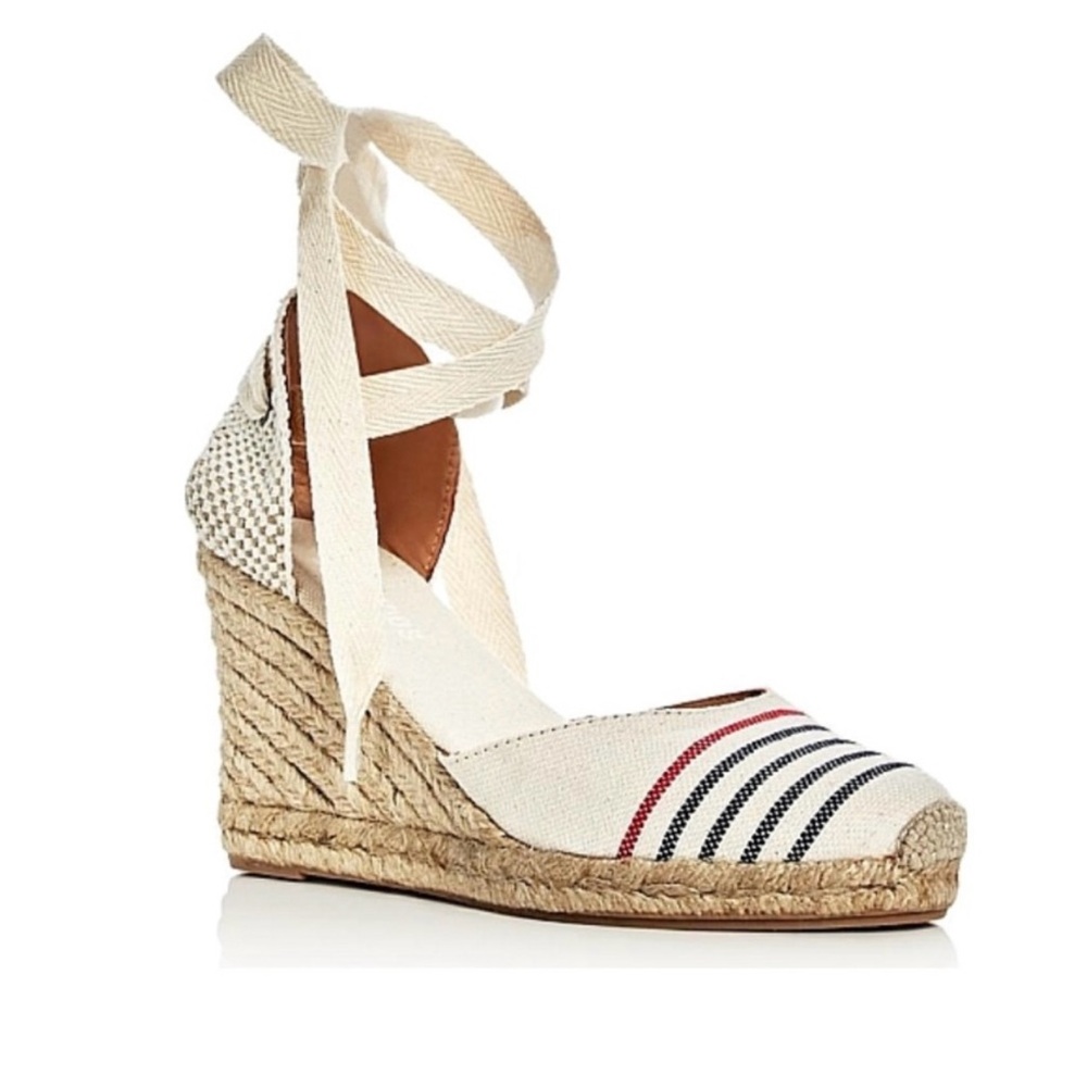 Soludos Cream and Blue Espadrille Wedges with Ankle Wrap